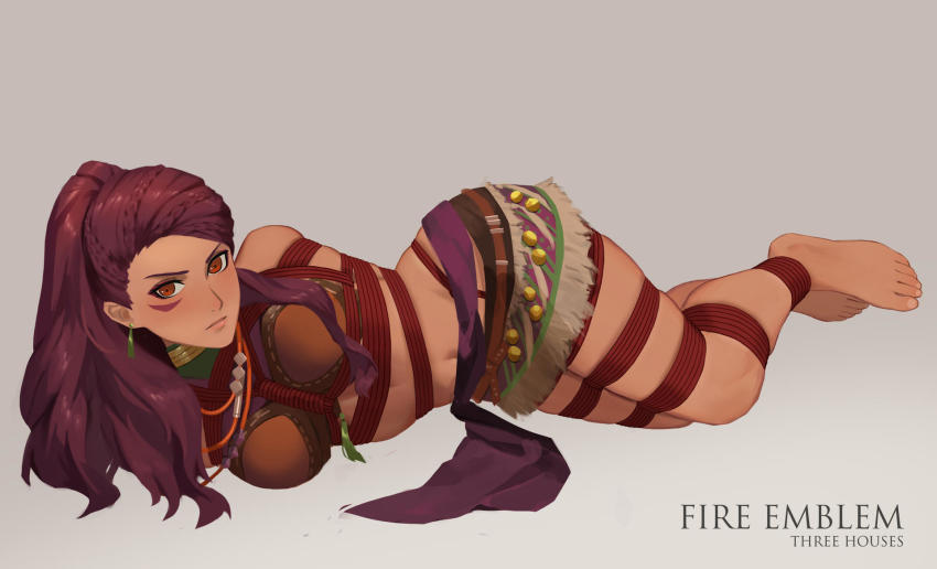1girl arms_behind_back barefoot bdsm blush bondage bound bound_ankles bound_arms bound_legs bound_torso braid braided_ponytail breast_bondage breasts brown_hair earrings facial_mark fire_emblem fire_emblem:_three_houses highres jewelry legs looking_at_viewer lying navel nintendo petra_macneary purple_hair rainnear side_braid thighs