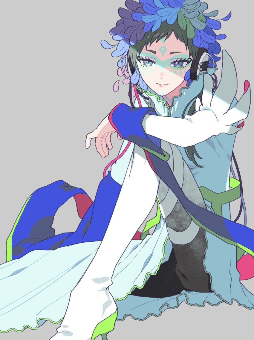 1other androgynous blue_eyes dress facepaint facial_mark feathers forehead_mark gnosia green_hair gum_(gmng) headphones highres long_sleeves looking_at_viewer makeup multicolored_hair other_focus raqio short_hair simple_background solo streaked_hair tattoo