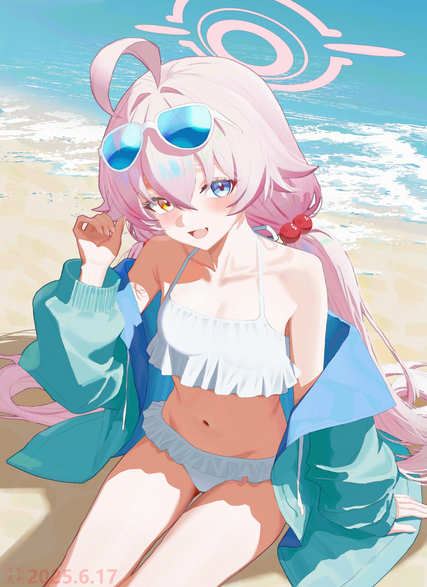 1girl absurdres ahoge beach bikini blue_archive blue_eyes blue_jacket chinese_commentary commentary eyewear_on_head feet_out_of_frame frilled_bikini frills hair_between_eyes halo heterochromia highres hoshino_(blue_archive) hoshino_(swimsuit)_(blue_archive) huge_ahoge jacket loli long_hair looking_at_viewer low_twintails navel ocean official_alternate_costume pink_hair pink_halo sitting smile solo sunglasses swimsuit thighs twintails very_long_hair white_bikini yellow_eyes yi_ming_lan_qu