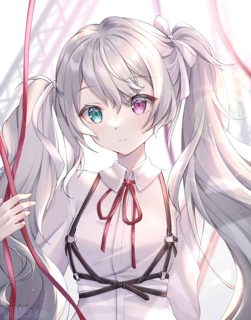 1girl 25-ji_miku absurdres alllisso aqua_eyes artist_name blurry bokeh chest_harness collared_shirt commentary depth_of_field grey_hair hair_between_eyes hair_ribbon harness hatsune_miku heterochromia highres long_hair looking_at_viewer neck_ribbon pink_eyes project_sekai red_ribbon ribbon shirt solo twintails vocaloid white_ribbon white_shirt