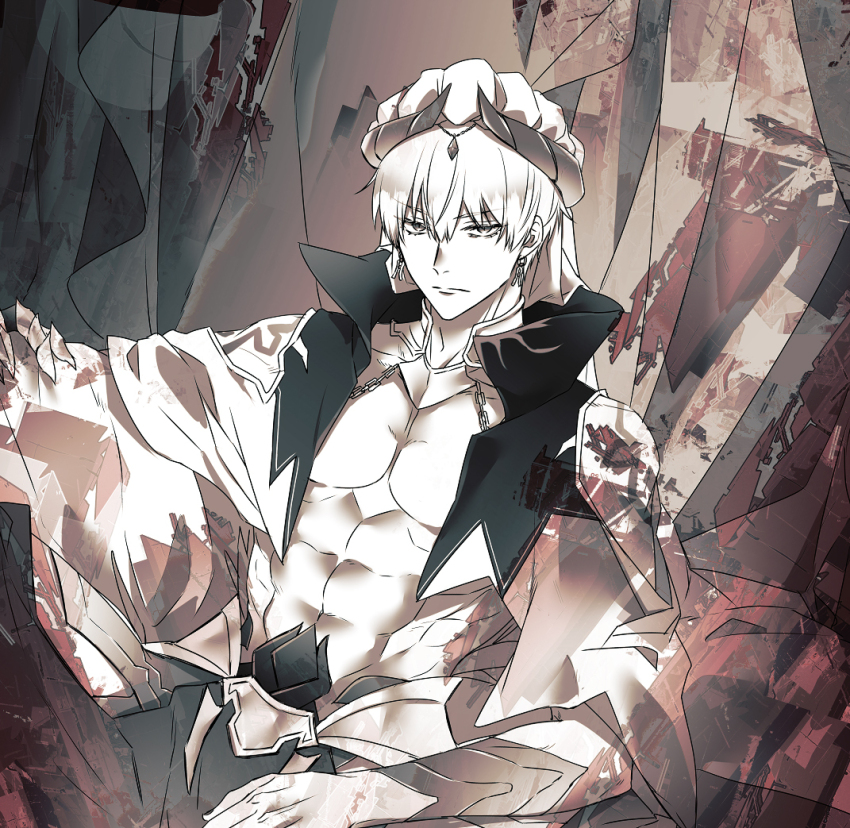 1boy abs arabian_clothes cropped_vest earrings fate/grand_order fate_(series) gilgamesh gilgamesh_(caster)_(fate) gilgamesh_(fate) hair_between_eyes jewelry looking_at_viewer male_focus navel short_hair solo toned toned_male turban vest yoda_(hry)