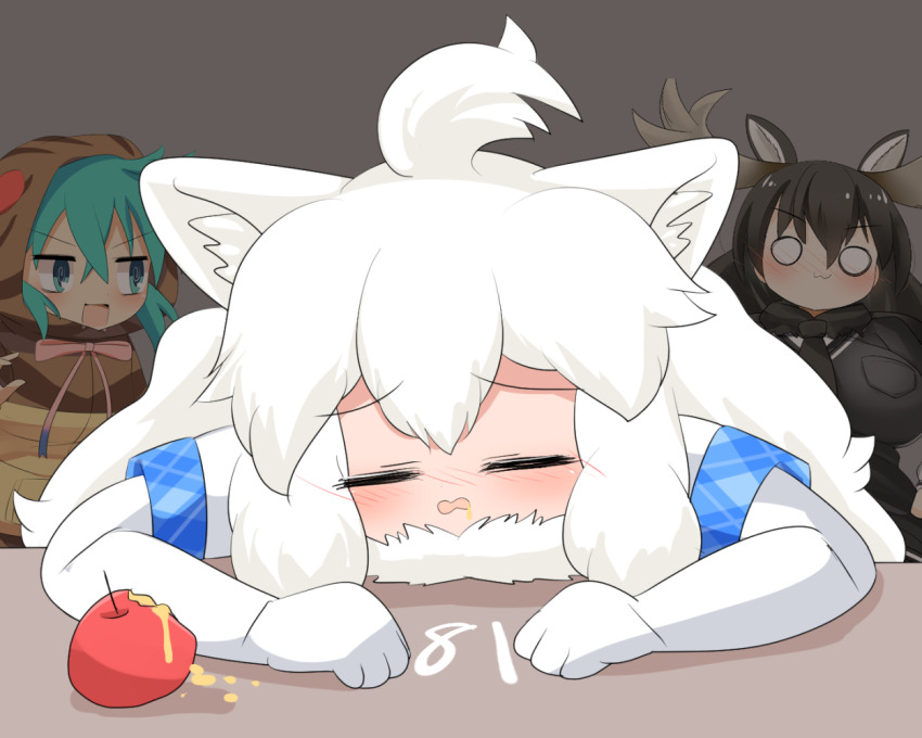 3girls :3 @_@ animal_ear_fluff animal_ears antlers apple black_hair black_scarf black_shirt blue_eyes blue_hair blush bow bowtie breasts brown_hoodie closed_eyes closed_mouth commentary_request elbow_gloves food food_bite fruit gloves grey_background hood hood_up hoodie horns kemono_friends large_breasts lets0020 lion_ears lion_girl long_hair moose_(kemono_friends) moose_ears moose_girl multiple_girls nose_blush numbered o_o open_mouth pink_bow pink_bowtie scarf shirt simple_background smile solo_focus tsuchinoko_(kemono_friends) upper_body white_gloves white_hair white_lion_(kemono_friends)