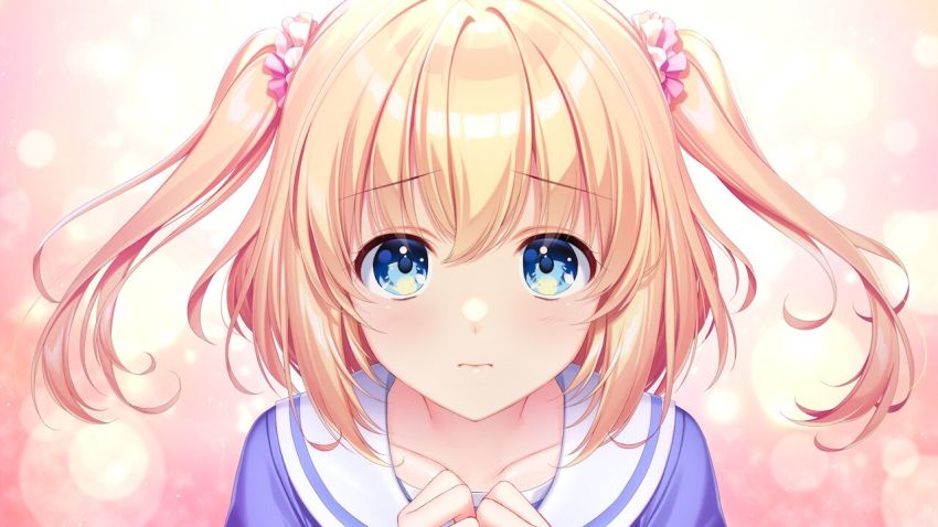 1girl alpha_(yukai_na_nakamatachi) blonde_hair blue_eyes blue_shirt bow bowtie closed_mouth collared_shirt floating_hair game_cg green_bow green_bowtie hair_between_eyes hair_ornament hair_scrunchie long_hair looking_at_viewer nagima_yumemi pink_background pink_scrunchie portrait sailor_collar sailor_shirt scrunchie shirt solo sousaku_kanojo_no_renai_koushiki twintails white_sailor_collar