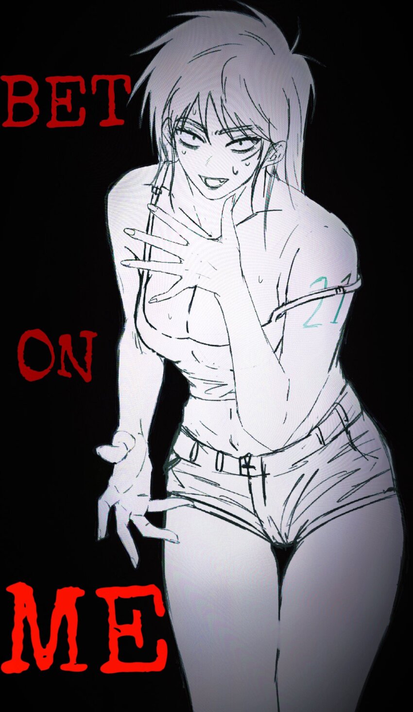 1girl bags_under_eyes breasts commentary_request constricted_pupils cowboy_shot crop_top english_text facial_scar fang fingernails genderswap genderswap_(mtf) greyscale hand_on_own_chest highres itou_kaiji kaiji large_breasts long_hair looking_at_viewer midriff monochrome navel number_tattoo open_mouth scar scar_on_cheek scar_on_face short_shorts shorts shoulder_tattoo showstyle simple_background smile solo strap_slip tank_top tattoo