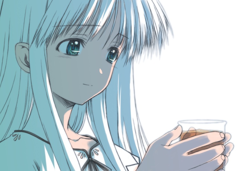 1girl aqua_eyes blue_hair drink female_focus glass kurosu_tsugutoshi long_hair solo tasogare white_hair