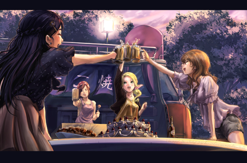 00s 4girls aged_up alcohol alternate_hairstyle apron beer beer_mug black_hair blonde_hair blush braid brown_hair cake closed_eyes cup dusk food fujita_akane futari_wa_precure futari_wa_precure_max_heart goru_(cure_golgom) hair_ribbon jacket kujou_hikari letterboxed long_hair misumi_nagisa mug multiple_girls open_mouth precure ribbon short_hair shorts skirt slice_of_life smile takoyaki toasting_(gesture) tree yukishiro_honoka