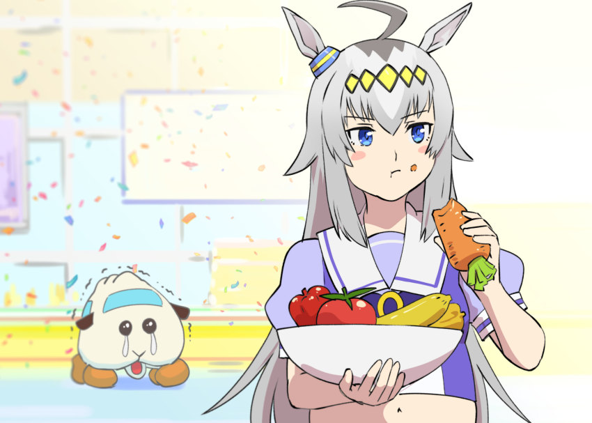 1girl abbey_(pui_pui_molcar) ahoge animal_ears banana blouse blue_eyes breasts carrot commentary_request crossover eating fat food fruit guinea_pig highres horse_ears horse_girl long_hair molcar multicolored_hair navel oguri_cap_(umamusume) pui_pui_molcar purple_shirt school_uniform season_connection shirt sideways_glance silver_hair small_breasts tomato ueyama_michirou umamusume upper_body