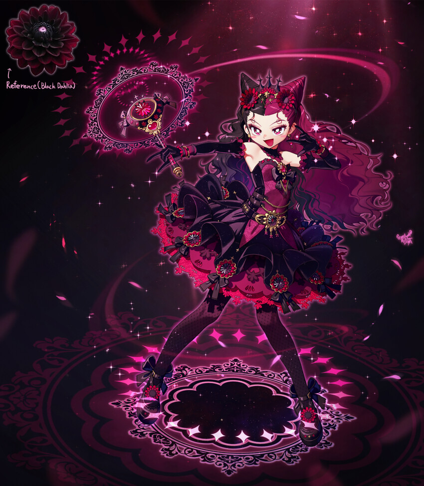 1girl :d absurdres ballet_dress ballet_slippers bangs_pinned_back bare_shoulders belt black_bow black_dress black_flower black_footwear black_gloves black_hair black_hairband black_thighhighs blush_stickers bow commentary curly_hair dahlia double_m/ dress elbow_gloves english_commentary flower full_body gem gloves hairband hands_up heart-shaped_gem highres holding holding_wand knees_together_feet_apart layered_dress long_hair m/ magical_girl multicolored_hair open_mouth original pink_eyes pink_gemstone pink_hair reference_inset rinotuna short_dress smile solo sparkle standing strapless strapless_dress thighhighs tutu two-tone_hair wand