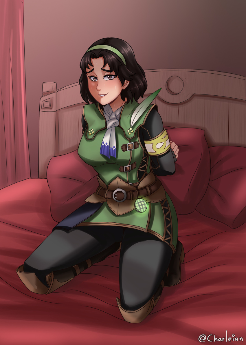 1girl bed bed_frame bed_sheet blush brown_eyes brown_hair charleian come_hither hairband highres kneeling looking_at_viewer monster_hunter:_world monster_hunter_(series) on_bed pillow serious_handler short_hair sitting uniform