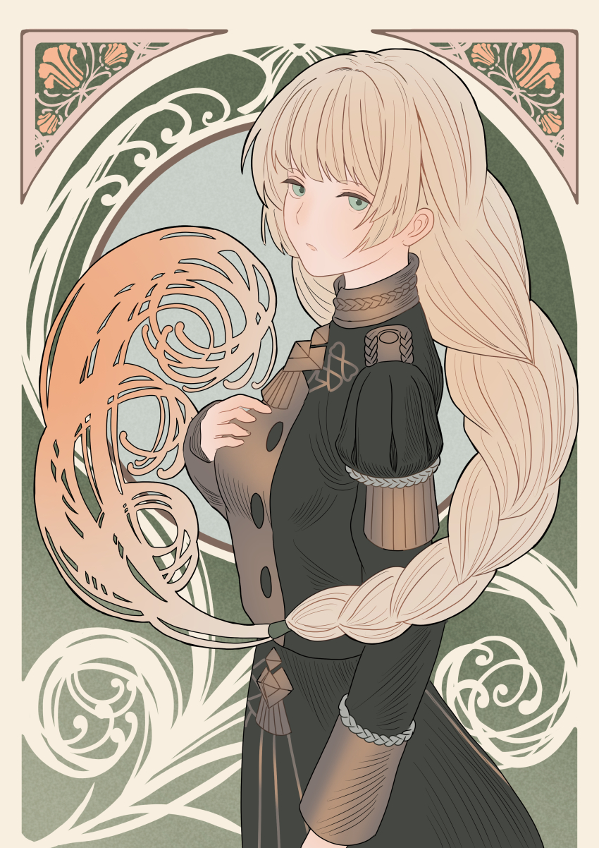 1girl :o absurdres art_nouveau black_skirt braid buttons commentary_request dangouo_ty fire_emblem fire_emblem:_three_houses garreg_mach_monastery_uniform green_eyes hand_on_own_chest highres ingrid_brandl_galatea juliet_sleeves long_hair long_sleeves looking_at_viewer nintendo puffy_sleeves skirt solo very_long_hair