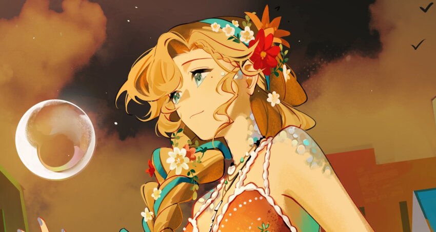 1girl bare_shoulders bikini blonde_hair blue_eyes blue_hairband brown_sky bubble closed_mouth cropped flower from_side hair_flower hair_ornament hairband house jewelry long_hair looking_up mole mole_under_eye necklace official_alternate_costume orange_bikini orange_flower outdoors red_flower reverse:1999 scales simple_bird solo swimsuit upper_body vila_(by_the_painted_city)_(reverse:1999) vila_(reverse:1999) white_flower ylceon