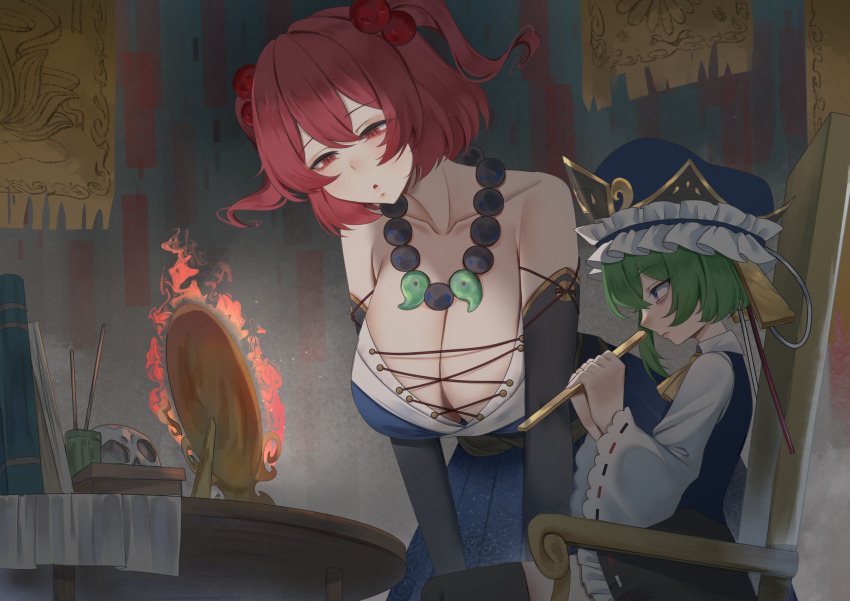 2girls absurdres black_thighhighs blue_dress breasts cleavage dress green_eyes green_hair highres jewelry large_breasts multiple_girls necklace no_noru onozuka_komachi red_eyes red_hair shiki_eiki sitting thighhighs touhou two_side_up