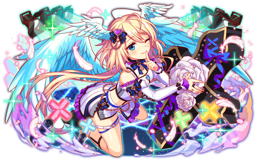 1girl ahoge alternate_costume ankle_boots ankle_socks aqua_eyes aqua_wings artist_request bare_shoulders belt belt_buckle black_boots black_bow black_choker black_garter_straps black_ribbon blonde_hair blue_ribbon blush boots bow bow_skirt buckle cel_shading choker cleavage_cutout closed_mouth clothing_cutout coffin crash_fever crop_top cross cross-laced_clothes cross-laced_skirt cross-laced_sleeves detached_sleeves eyelashes feathers finger_to_mouth flower frilled_sleeves frills full_body game_cg garter_straps hair_bow hair_ornament half-skirt head_wings heart heart_hair_ornament hexagon honeycomb_(pattern) jewelry juliet_sleeves jung_(crash_fever) leg_belt light_particles long_hair long_sleeves looking_at_viewer medium_hair midriff miniskirt neck_ribbon number_print numbered official_alternate_costume official_art one_eye_closed outline overskirt pencil_skirt pendant print_skirt puffy_sleeves red_outline ribbon ring rose shirt side_slit skirt sleeve_bow sleeveless sleeveless_shirt socks solo sparkle square square_print stage_lights striped_bow tachi-e thigh_strap third-party_source transparent_background very_long_hair white_belt white_feathers white_flower white_rose white_shirt white_skirt white_sleeves white_socks wings