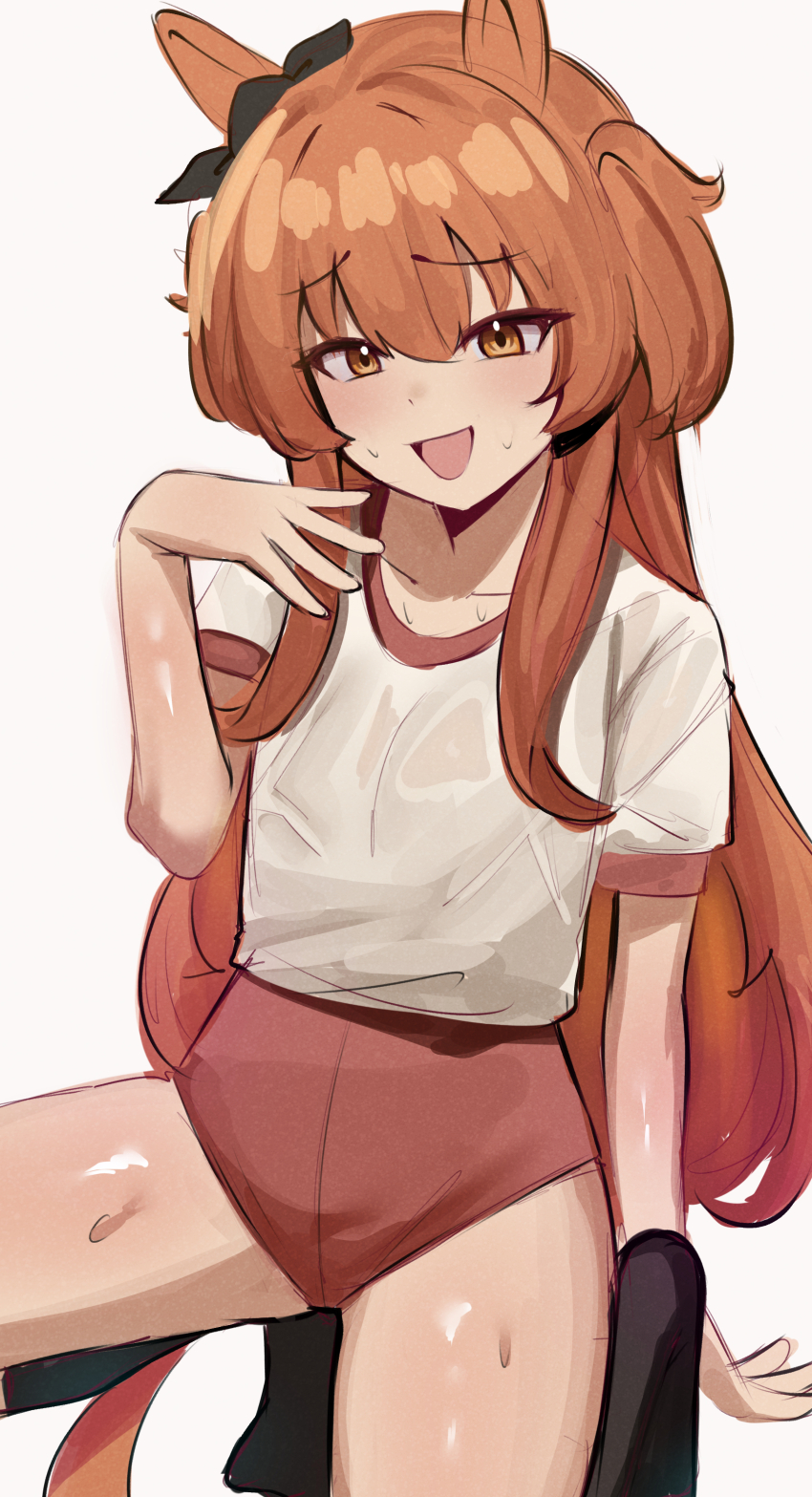 1girl absurdres animal_ears buruma hair_between_eyes highres horse_ears horse_girl horse_tail iog626 long_hair looking_at_viewer mayano_top_gun_(umamusume) open_mouth orange_eyes orange_hair original_race_uniform_(umamusume) red_buruma shirt short_sleeves simple_background smile solo sweat tail thighs two_side_up umamusume wet wet_clothes wet_shirt white_background white_shirt