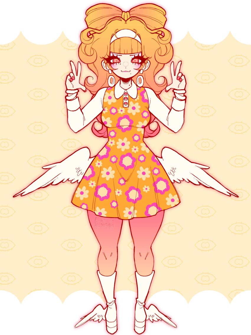 1girl absurdres angel_wings ankle_wings blunt_bangs blush boots bow-shaped_hair bracelet commission dreamalgia dress earrings eyelashes fingernails floral_print floral_print_dress go-go_boots hairband highres jewelry long_hair low_wings mod_fashion mole mole_under_mouth orange_hair original pale_skin pantyhose print_dress ringed_eyes smile v wings
