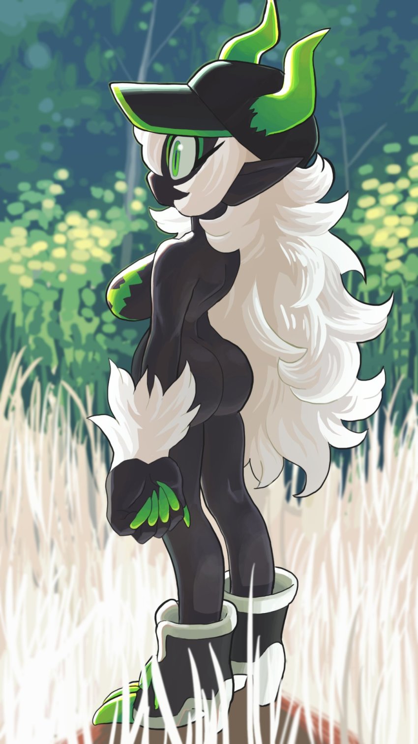 1girl ass black_shoes black_skin breasts colored_skin energy from_side gashi-gashi grass green_eyes green_horns highres horns large_breasts leaf long_hair monster monster_energy monster_energy-chan monster_girl nude original outdoors pointy_ears product_girl profile shoes solo tree very_long_hair white_hair