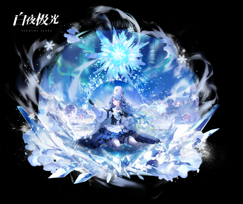 1girl absurdres alchemy_stars black_gloves blue_hair collared_shirt copyright_name dress frilled_dress frills full_body gloves hair_ribbon hand_on_own_chest hat highres ice ice_crystal kneeling long_hair official_art purple_eyes ribbon shirt snowflakes solo thighhighs ushanka white_thighhighs white_ushanka winter winter_clothes yuzuo_de_yi_tiao_bianr zarya_(alchemy_stars)