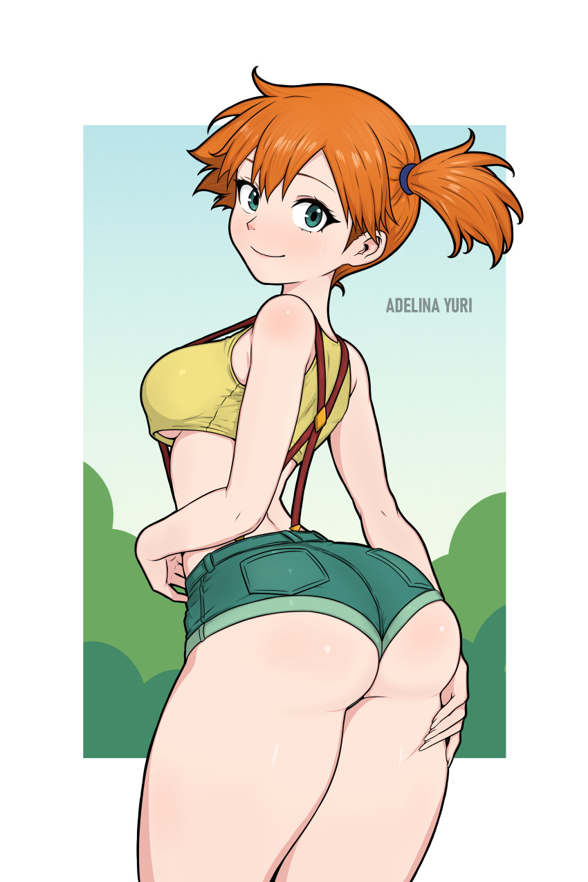 1girl abstract_background absurdres adelinayuri artist_name ass border breasts cowboy_shot creatures_(company) crop_top denim denim_shorts female_focus from_behind game_freak green_eyes green_shorts highres looking_at_viewer looking_back medium_breasts micro_shorts misty_(pokemon) nintendo no_bra orange_hair outdoors pokemon pokemon_(anime) pokemon_(classic_anime) revealing_clothes shirt short_hair shorts side_ponytail smile solo standing suspenders thighs underboob yellow_shirt