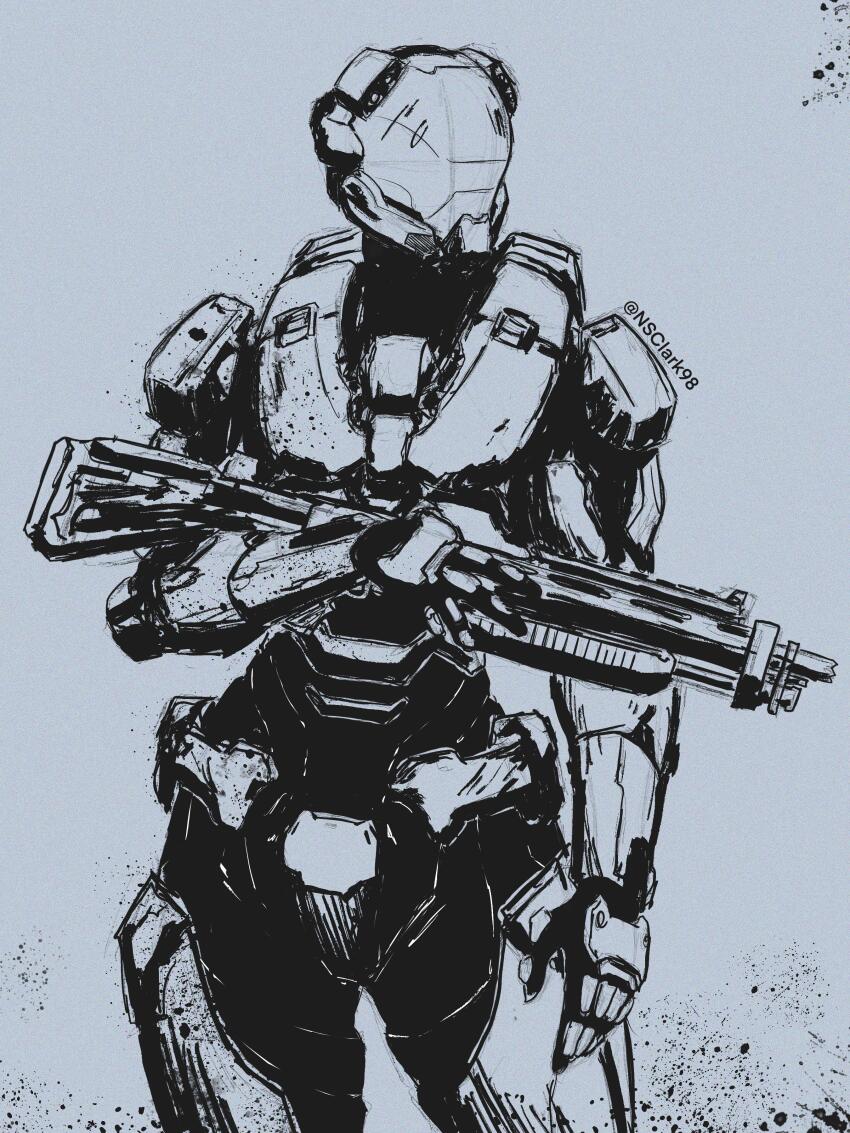 1girl absurdres armor artist_name commentary english_commentary gloves gun halo_(series) helmet highres holding holding_gun holding_weapon kelly_087 looking_to_the_side m90 monochrome nsclark98 power_armor shotgun solo spartan_(halo) weapon