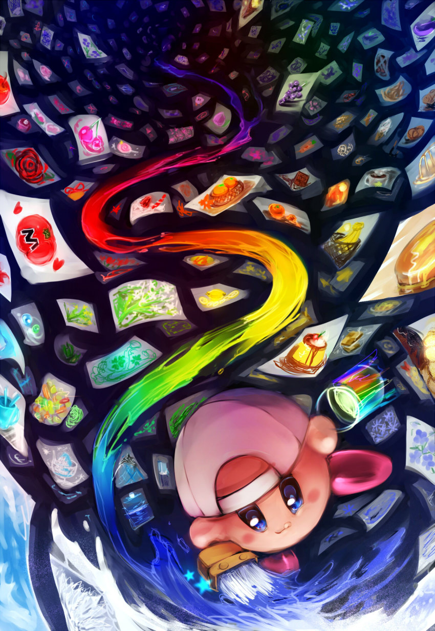 1up :d backwards_hat bad_id banana basket blue_background blue_eyes blush blush_stickers brush bucket cake candy caramel_(artist) cherry chocolate chocolate_bar dessert fish flower food fruit grapes hat highres kirby kirby_(series) lemon lollipop maximum_tomato nintendo no_humans open_mouth orange_(fruit) paint_kirby paintbrush painting_(action) peach photo_(object) plant plum rainbow rainbow_order smile solo star_(symbol) sweets tomato