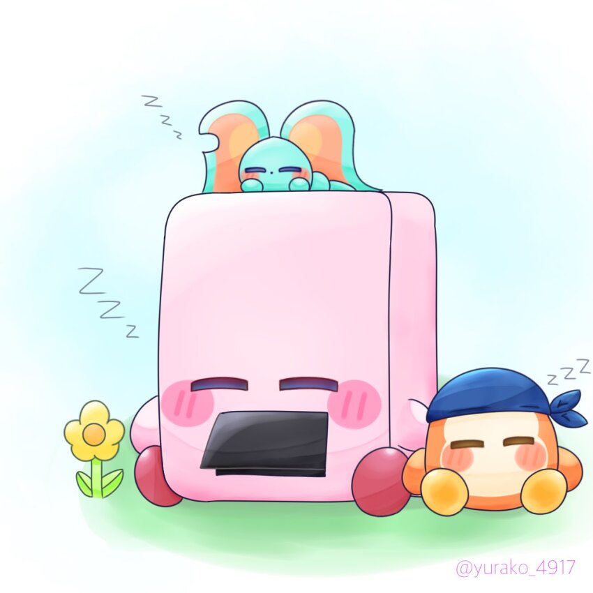 bandana_waddle_dee blue_background border elfilin flower green_background highres kirby kirby_(series) kirby_and_the_forgotten_land mouthful_mode nintendo no_humans on_grass outside_border sitting tagme twitter_username vending_machine vending_mouth white_background white_border yurako_4917 zzz