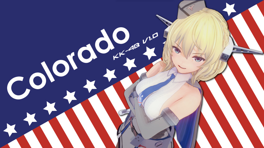 1girl 3d 4beraser absurdres american_flag black_gloves black_pantyhose blonde_hair blue_eyes blue_neckwear braid breasts capelet character_name colorado_(kancolle) commentary_request dress elbow_gloves from_above garrison_cap gloves grey_dress grey_hat hat headgear highres kantai_collection large_breasts necktie pantyhose pleated_dress shirt short_hair side_braids sideboob sleeveless smile white_shirt