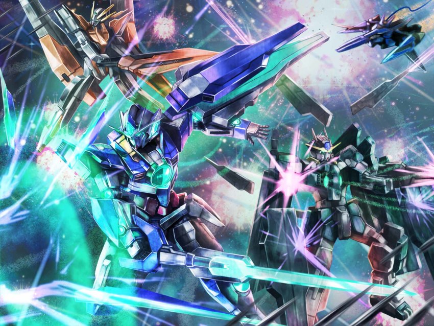 00_qan[t] amasaki_yusuke beam beam_rifle brave_commander_test_type energy_gun explosion firing gundam gundam_00 gundam_00_a_wakening_of_the_trailblazer gundam_harute gundam_zabanya highres mecha robot space sword weapon