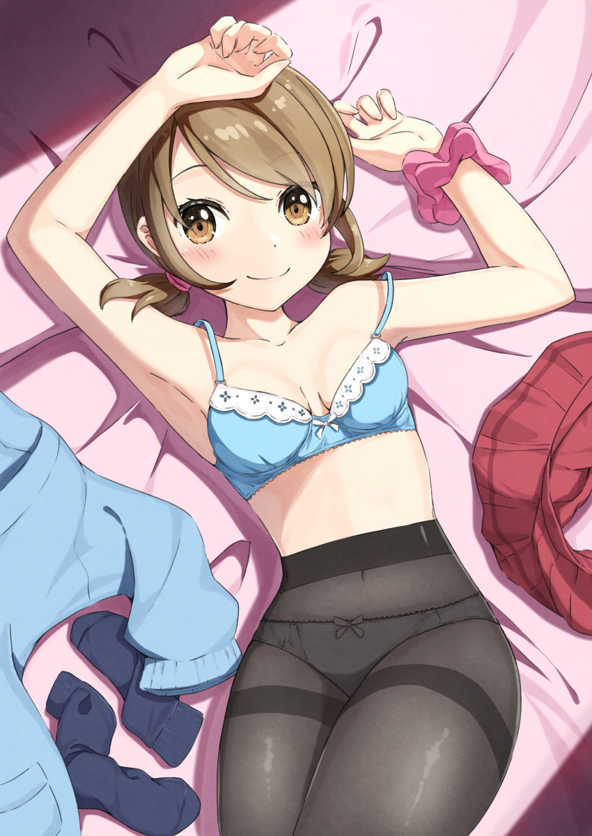 absurdres black_pantyhose blue_bra blue_panties bra breasts brown_eyes brown_hair commission highres lass_(pokemon) light_blush looking_at_viewer low_twintails lying medium_breasts navel negimiso1989 nintendo on_back panties panties_under_pantyhose pantyhose pixiv_commission pokemon pokemon_oras short_twintails skirt smile socks stomach sweater twintails underwear underwear_only unworn_skirt unworn_socks unworn_sweater variant_set