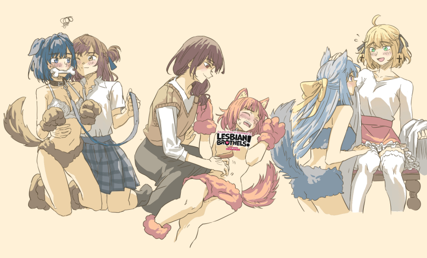 6+girls ahoge animal_collar animal_ears animal_hands anisphia_wynn_palettia anjuro_zeeku asumi-chan_wa_rezu_fuuzoku_ni_kyoumi_ga_arimasu! asymmetrical_bangs black_ribbon black_socks blonde_hair blue_collar blue_eyes blue_hair blue_shorts blue_skirt blue_tube_top blunt_bangs blush bone_in_mouth bra brown_background brown_collar brown_hair brown_shorts brown_vest censored chair closed_eyes closed_mouth collar collarbone commentary cross cross_earrings dog_ears dog_girl dog_tail earrings ears_down english_commentary euphyllia_magenta flying_sweatdrops frilled_skirt frills from_behind fur-trimmed_thighhighs fur_shorts fur_trim gloves green_eyes grey_pants hair_between_eyes hair_ribbon hand_on_another&#039;s_head hands_on_another&#039;s_knees highres holding holding_leash holding_towel hug_from_side jewelry kemonomimi_mode kneeling kusumoto_asumi leash light_smile logo long_hair long_sleeves looking_at_another looking_down lying medium_hair messy_hair midriff miyagi_shiori mouth_hold multiple_girls multiple_views navel on_back one_eye_closed ookura_nanao open_mouth pants paw_gloves paw_pose paw_shoes pet_play plaid_clothes plaid_skirt pleated_skirt ponytail raised_inner_eyebrows red_skirt ribbon scratching_stomach sendai_hazuki shirt short_hair short_sleeves shorts shuuniichido_classmate_wo_kau_hanashi simple_background sitting skirt socks split_mouth squiggle strapless tail teeth tensei_oujo_to_tensai_reijou_no_mahou_kakumei thighhighs towel tube_top underwear upper_teeth_only vest white_bra white_shirt white_thighhighs yellow_ribbon yuri zettai_ryouiki