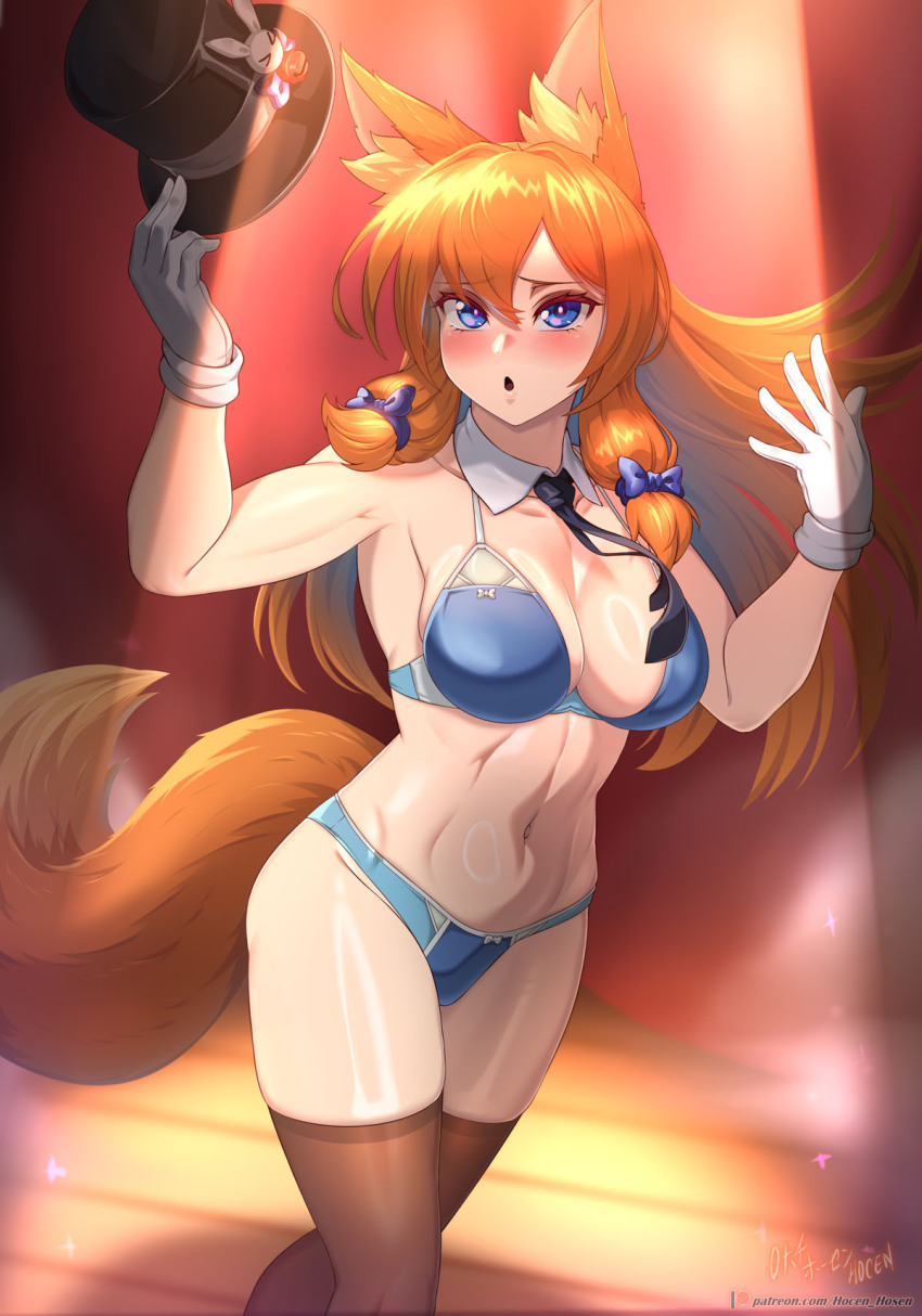 1girl :o animal_ear_fluff animal_ears artist_name black_hat black_necktie blue_bow blue_bra blue_eyes blue_panties blush bow bra breasts brown_thighhighs cleavage collarbone commentary commentary_request covered_navel cowboy_shot detached_collar english_commentary eyelashes fox_ears fox_girl fox_tail gloves groin hair_between_eyes hair_bow hat highres holding holding_unworn_clothes holding_unworn_hat kitsu_(vilde_loh_hocen) large_variant_set leotard long_hair looking_at_viewer medium_breasts mixed-language_commentary necktie open_mouth orange_hair original panties patreon_logo patreon_username playboy_bunny solo spotlight stage tail thighhighs top_hat underwear unworn_hat unworn_headwear variant_set vilde_loh_hocen watermark web_address white_gloves