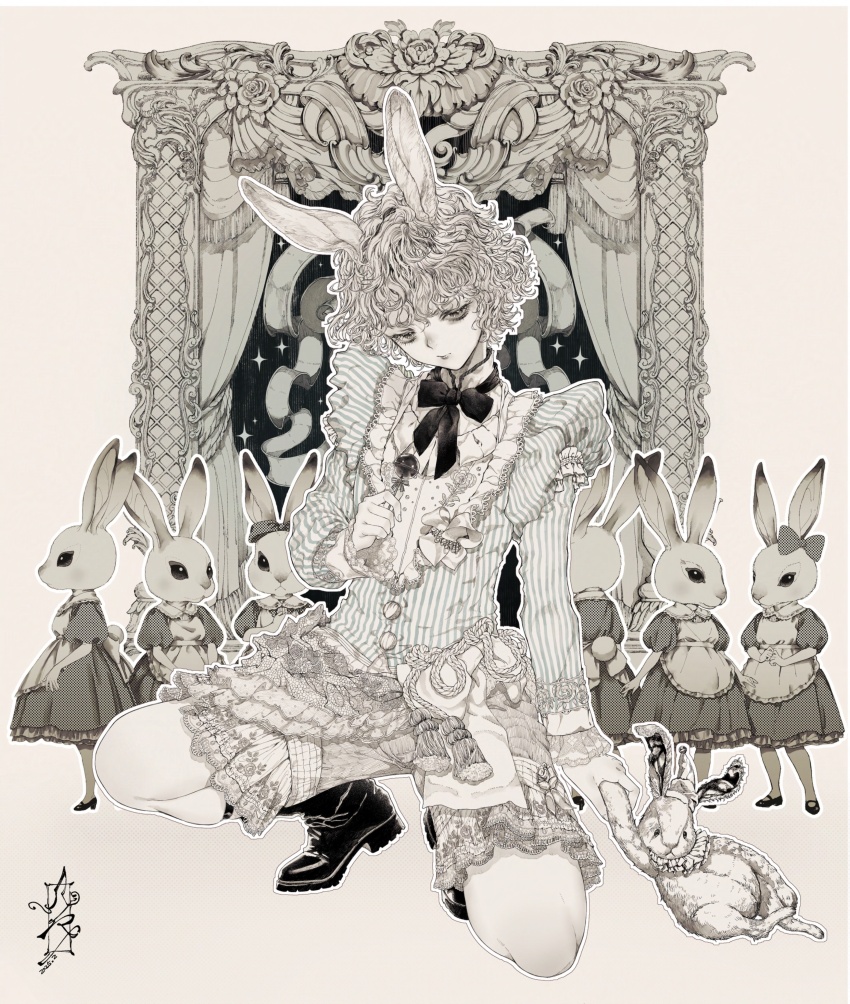 1boy absurdres animal animal_ears bow bowtie candy closed_mouth curly_hair curtains eyelashes fingernails food full_body greyscale highres holding holding_candy holding_food holding_lollipop holding_stuffed_toy hori_airi lace lace_trim lollipop long_sleeves looking_down male_focus monochrome original rabbit rabbit_boy rabbit_ears ribbon shoes short_hair shorts solo squatting star_(symbol) stuffed_animal stuffed_rabbit stuffed_toy trap