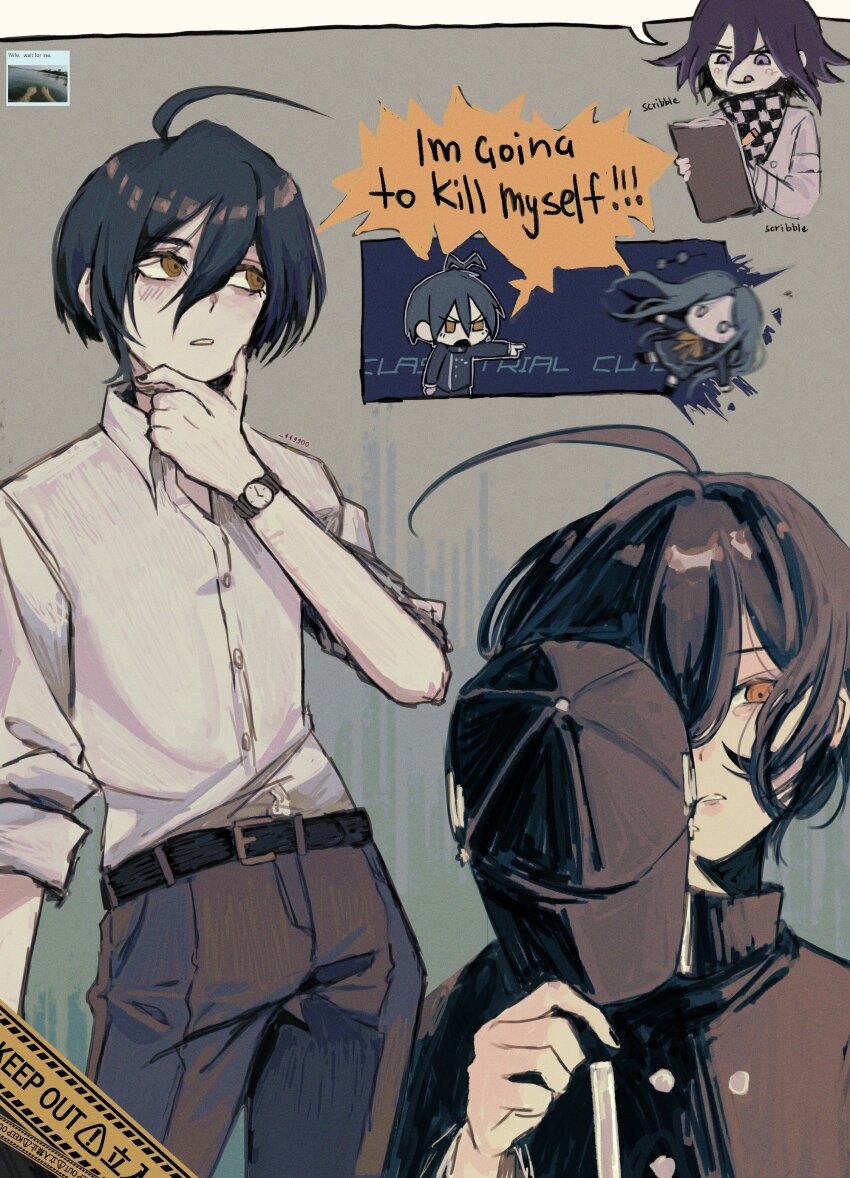 1girl 2boys absurdres ahoge belt bishounen black_belt black_hair black_jacket black_nails black_pants buttons caution_tape chibi collared_shirt commentary danganronpa_(series) danganronpa_v3:_killing_harmony english_commentary english_text ff9900 flipped_hair hat highres holding holding_unworn_clothes holding_unworn_hat jacket keep_out long_hair male_focus multiple_boys muted_color nail_polish oma_kokichi pants purple_eyes purple_hair saihara_shuichi shirogane_tsumugi shirt simple_background spoilers thinking tongue tongue_out unworn_hat unworn_headwear watch white_shirt wind wind_lift wristwatch yellow_eyes