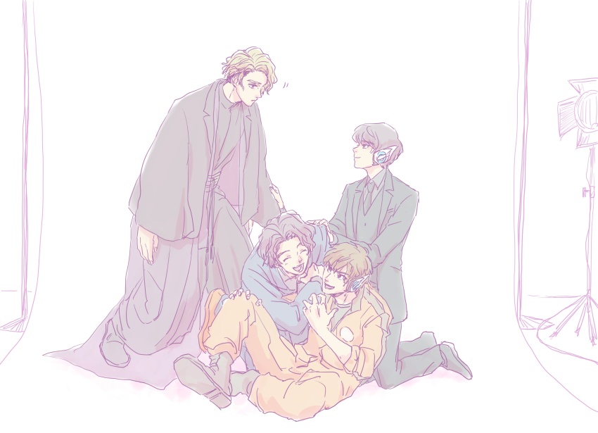 3boys absurdres amenoyoru black_boots black_hair black_necktie black_shirt black_shoes black_suit black_vest blonde_hair blue_eyes blue_suit boots brown_hair closed_eyes closed_mouth collared_shirt crossed_legs formal_clothes fourth_wall grey_shirt hand_on_another&#039;s_shoulder haori headgear highres horobi_(kamen_rider_01) ikazuchi_(kamen_rider_01) japanese_clothes jin_(kamen_rider_01) jumpsuit kamen_rider kamen_rider_01_(series) light_smile multiple_boys naki_(kamen_rider_01) necktie obi open_mouth orange_eyes orange_jumpsuit purple_eyes sash shirt shoes short_hair sitting smile suit vest wavy_hair white_background