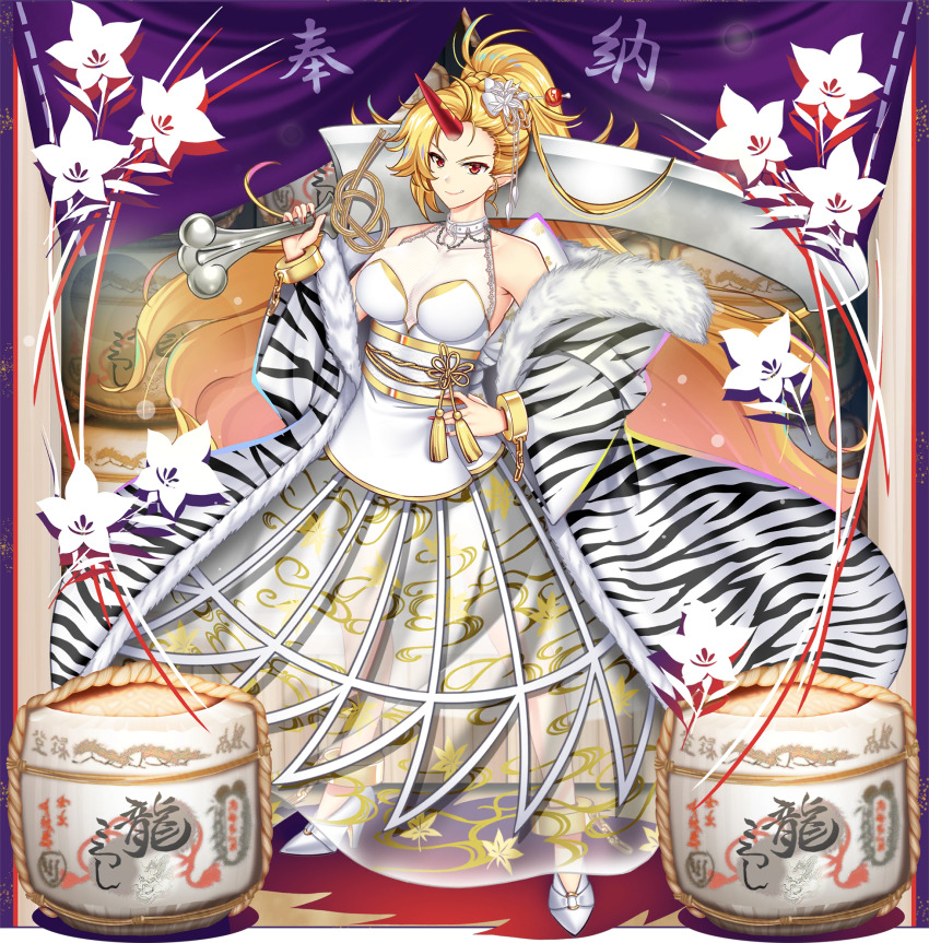 1girl alternate_costume alternate_hairstyle blonde_hair breasts chain choker cleavage cleaver closed_mouth coat cuffs fingernails flower full_body fur-trimmed_coat fur_trim game_cg gold_trim hair_flower hair_ornament hair_stick hand_on_own_hip high_heels highres holding holding_sword holding_weapon horns hoshiguma_yuugi hoshiguma_yuugi_(bold_white_ogre) leaf_print long_fingernails long_hair long_sleeves looking_at_viewer official_art oni open_clothes open_coat over_shoulder pointy_ears ponytail print_skirt red_eyes red_horns red_nails rotte_(1109) sash see-through_clothes see-through_skirt shackles shoes single_horn skirt smile solo standing sword sword_over_shoulder third-party_source touhou touhou_lostword translation_request transparent_background very_long_hair weapon weapon_over_shoulder white_choker white_coat white_flower white_shoes white_skirt white_tiger_print