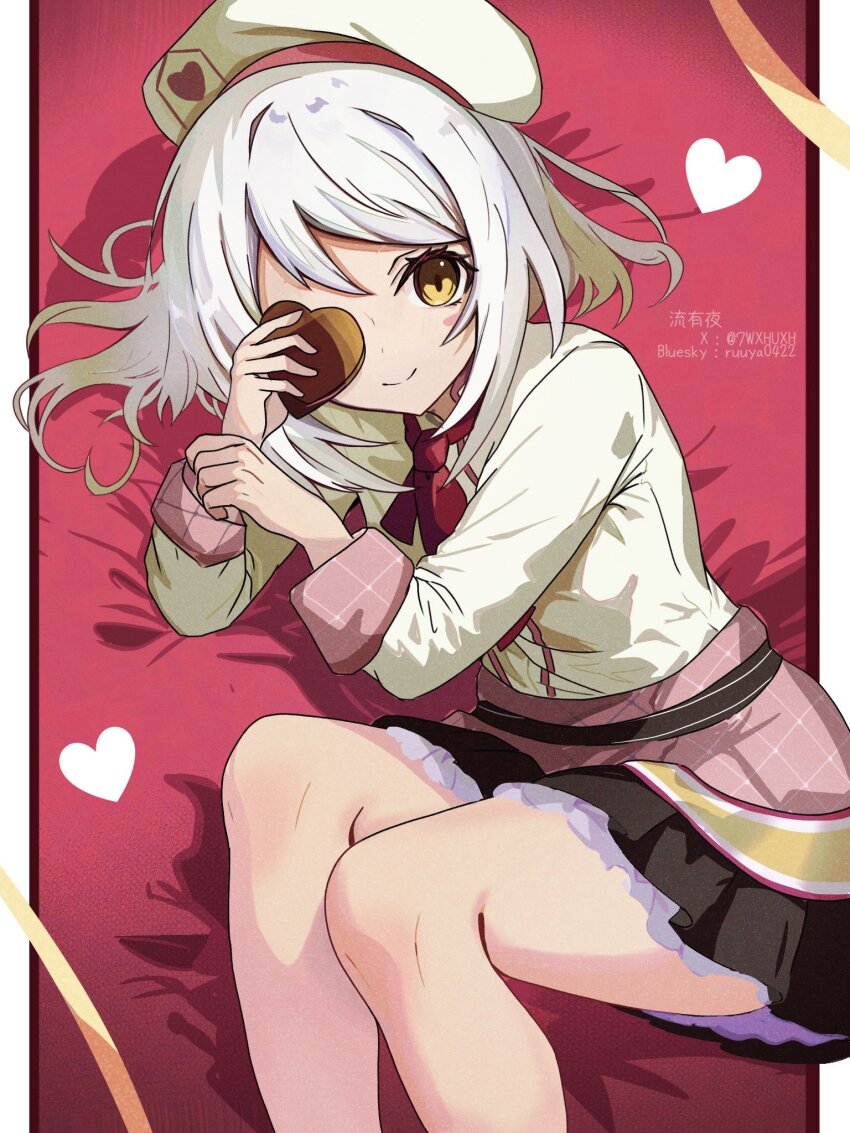 1girl 7wxhuxh alice_(egocentric_patissiere)_(tales) alice_(tales) blonde_hair bluesky_username candy chocolate chocolate_heart dress food frilled_dress frills hat heart heart-shaped_food highres holding holding_chocolate holding_food looking_at_viewer official_alternate_costume short_hair solo tales_of_(series) tales_of_symphonia tales_of_symphonia:_dawn_of_the_new_world tales_of_the_rays twitter_username valentine yellow_eyes