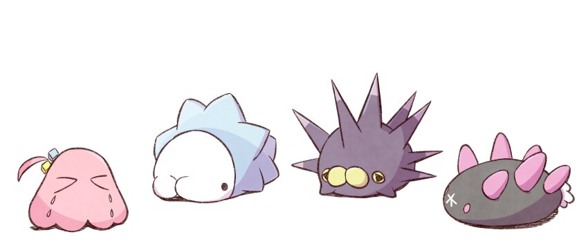 &gt;_&lt; animalization bocchi_the_rock! closed_eyes crossover crying cube_hair_ornament full_body gen_7_pokemon gen_8_pokemon gotoh_hitori gotoh_hitori_(octopus) hair_ornament highres nintendo no_humans one_side_up pincurchin pokemon pokemon_(creature) pyukumuku ra_ru_ni simple_background snom tears white_background