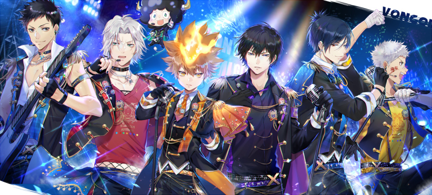 6+boys afro black_gloves black_hair brown_hair ekita_kuro electric_guitar epaulettes fingerless_gloves gloves gokudera_hayato guitar hibari_kyouya highres horns idol instrument katekyo_hitman_reborn! lambo long_sleeves male_focus microphone multiple_boys red_eyes rokudou_mukuro sasagawa_ryohei sawada_tsunayoshi silver_hair sleeveless yamamoto_takeshi