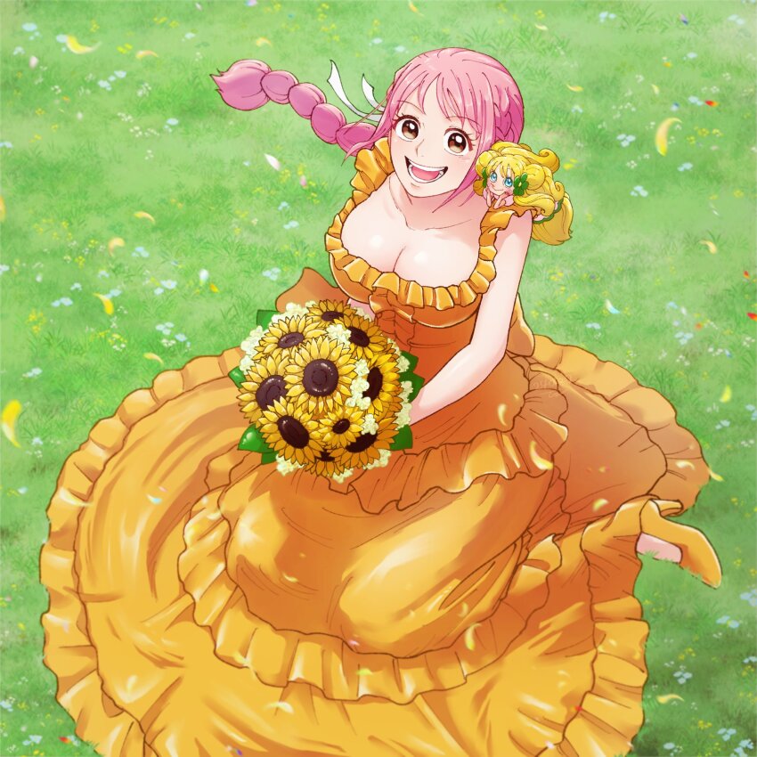 2girls blonde_hair blue_eyes bouquet braid braided_ponytail commentary dress flower frilled_dress frills from_above full_body happy high_heels highres holding holding_bouquet long_dress looking_up mansherry_(one_piece) multiple_girls on_grass one_piece orange_dress orange_shoes pink_hair rebecca_(one_piece) shoes sitting smile sunflower tagawa_jiro