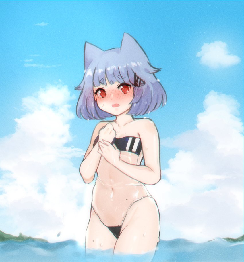 1girl absurdres animal_ears blue_sky blush bob_cut breasts cat_ears clenched_hand cloud commentary covered_navel cowboy_shot embarrassed english_commentary gris_swimsuit hair_ornament hairclip hand_on_own_chest hand_on_own_wrist highleg highleg_one-piece_swimsuit highres hikimayu looking_at_viewer meme meme_attire mole mole_on_breast mole_on_stomach mole_on_thigh navel neqo_(character) neqo_(neneneqo) nose_blush one-piece_swimsuit open_mouth original outdoors red_eyes see-through_clothes see-through_one-piece_swimsuit short_eyebrows short_hair sky strapless strapless_one-piece_swimsuit sweatdrop swimsuit thick_eyebrows w_arms wading water wavy_mouth wet