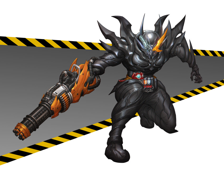 1boy armor black_armor black_background blue_eyes build_driver compound_eyes rider_belt gattling_fullbottle grey_eyes gun hawk+gatling_form_(best_match) hawk+gattling_(black_hazard) hawk_fullbottle hawk_gatlinger hazard_stripes hazard_trigger heterochromia highres holding holding_weapon kamen_rider kamen_rider_build kamen_rider_build_(series) kneeling looking_at_viewer machine_gun male_focus on_one_knee orange_eyes science_fiction shoulder_armor solo stylistic wang_peihao weapon