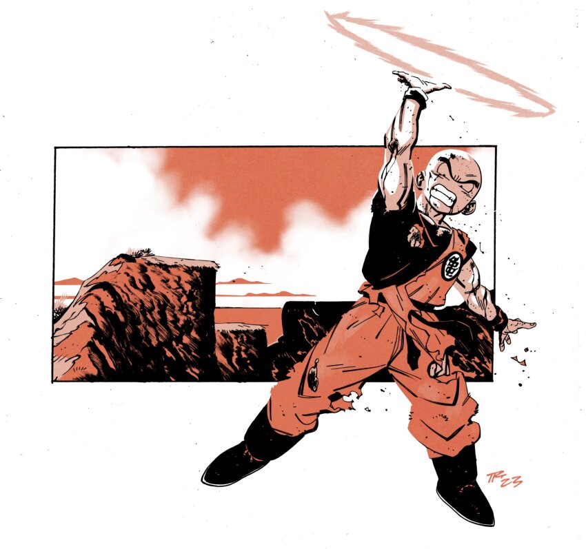 1boy bald bald_male blood dragon_ball highres injury kienzan kuririn looking_at_viewer muscular muscular_male serious solo torn_clothes