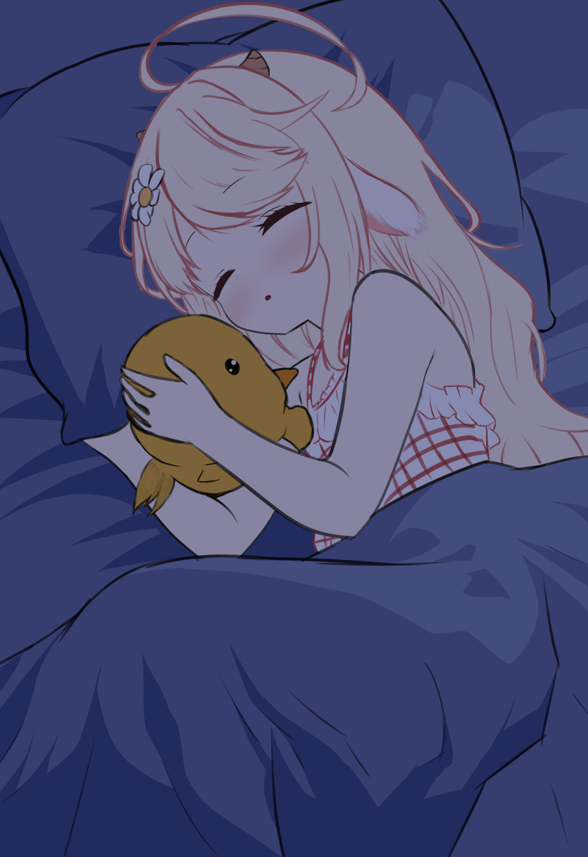 1girl absurdres animal_ears blonde_hair electroid flower goat_ears goat_girl goat_horns hair_flower hair_ornament highres horns moka_kurai original sleeping solo solo_focus under_covers virtual_youtuber