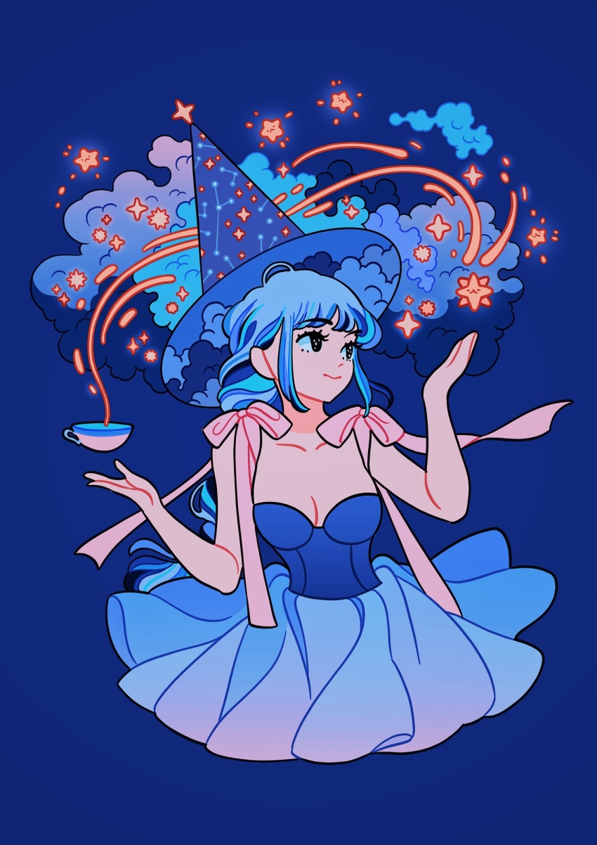 1girl black_eyes blue_background blue_clouds blue_dress blue_hair blue_hat blue_theme bow braid breasts cleavage cloud cloud_print commentary constellation constellation_print cropped_torso cup dress english_commentary floating gradient_clothes gradient_skirt hands_up hat highres long_hair medium_breasts meyoco multicolored_hair object_floating_above_hand original pink_bow pink_ribbon print_hat ribbon simple_background single_braid skirt sky_print smile solo star_(sky) star_(symbol) star_print starry_sky_print strapless strapless_dress tea teacup upper_body wizard_hat