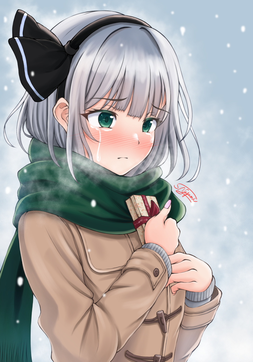1girl artist_name black_bow black_hairband blunt_bangs blush bob_cut bow box box_of_chocolates breath brown_coat closed_mouth coat commentary crying enpera food frown gift gift_box green_eyes green_scarf grey_sweater hair_bow hairband hands_on_own_chest highres holding holding_box holding_food holding_gift konpaku_youmu light_frown long_sleeves looking_ahead nail_polish nose_blush outdoors overcast pink_nails raised_eyebrows sad scarf short_hair signature sky snowing streaming_tears sweater tears toggles touhou upper_body valentine white_hair winter_clothes yagamin258
