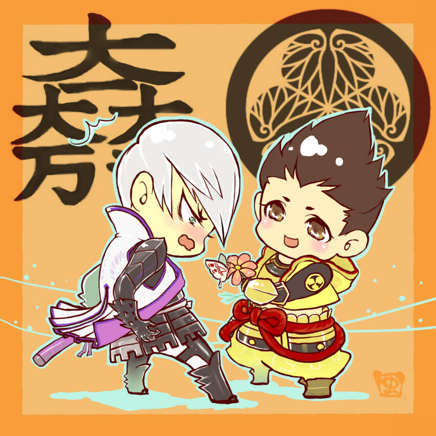 2boys :d absurdres blush brown_eyes brown_hair bug butterfly chibi chibi_only cropped_jacket flower green_eyes grey_hair highres holding holding_flower insect ishida_mitsunari_(sengoku_basara) jacket jinbaori male_focus midriff multiple_boys mushimegane333 open_mouth orange_background sengoku_basara short_hair smile surprised tokugawa_ieyasu_(sengoku_basara) wavy_mouth yaoi yellow_jacket