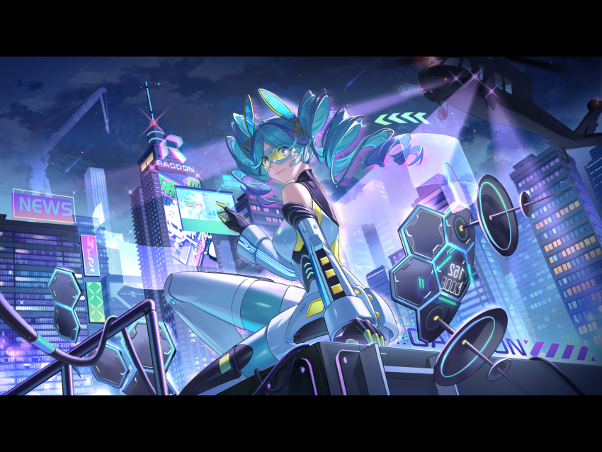 1girl aircraft bare_shoulders blue_hair building city city_lights closed_mouth cloud commentary drill_hair english_commentary goggles helicopter highres holographic_interface kongzao lips looking_at_viewer night night_sky outdoors persona persona_5 persona_5:_the_phantom_x pink_lips sitting sky smile solo twin_drills twintails yui_(p5x)