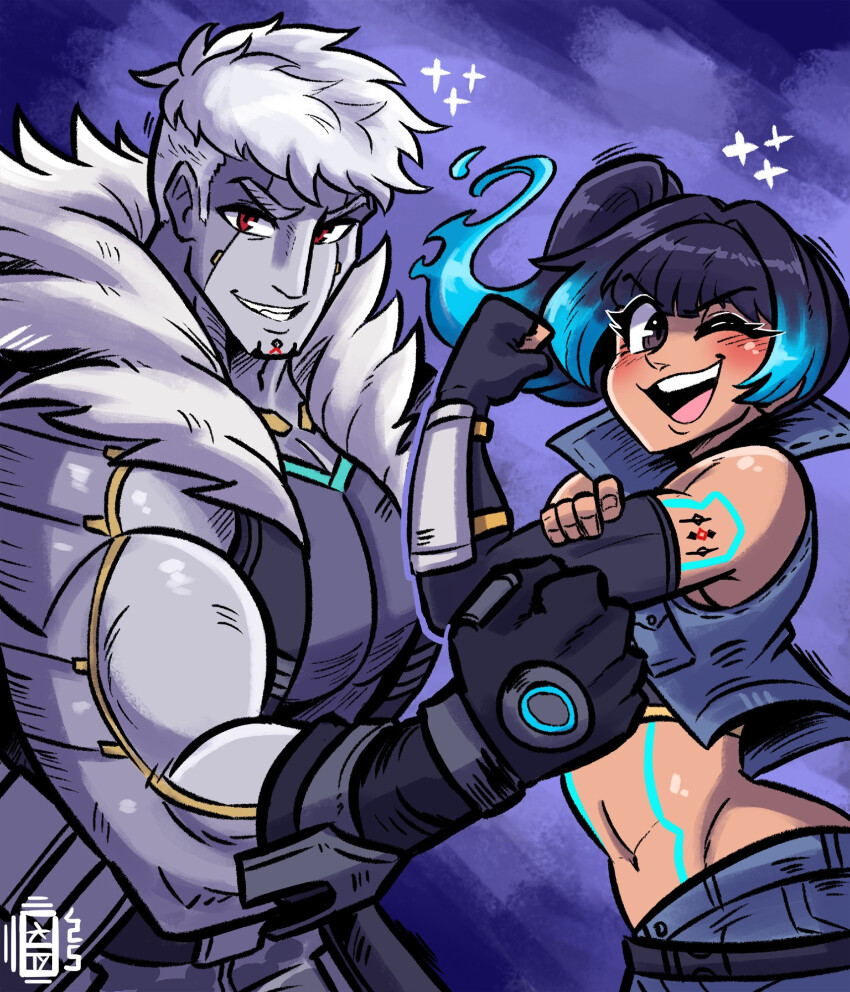 1boy 1girl bare_shoulders blue_hair blush colored_skin crop_top cropped_jacket dark-skinned_female dark_skin elbow_gloves fingerless_gloves gloves grey_skin highres jacket lanz_(xenoblade) looking_at_viewer medium_hair muscular muscular_male one_eye_closed red_eyes scruffyturtles sena_(xenoblade) shirt short_hair side_ponytail sleeveless tattoo teeth upper_teeth_only white_shirt wink xenoblade_chronicles_(series) xenoblade_chronicles_3