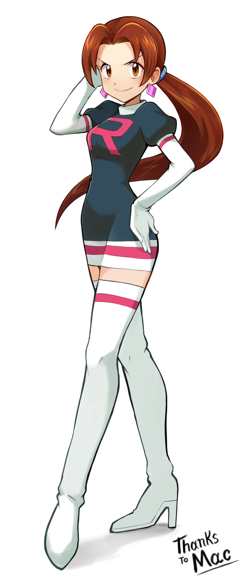 1girl absurdres alternate_costume black_dress boots brown_eyes brown_hair closed_mouth commentary commission cosplay delia_ketchum domino_(pokemon) domino_(pokemon)_(cosplay) dress earrings elbow_gloves english_text full_body gloves hand_on_own_hip hand_up high_heel_boots high_heels highres jewelry logo long_hair looking_at_viewer mature_female mr.thunderigor nintendo parted_bangs pokemon pokemon_(anime) pokemon_(classic_anime) ponytail simple_background smile solo standing team_rocket team_rocket_uniform thank_you thigh_boots white_background white_boots white_gloves