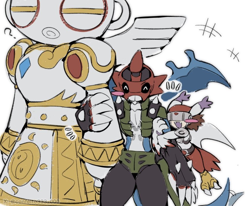 confeito000_333 covered_eyes cross digimon digimon_(creature) digimon_adventure_02 doguu expressionless friends fusion happy helmet highres holding_another&#039;s_arm mask pointy_ears shakkoumon silphymon wings