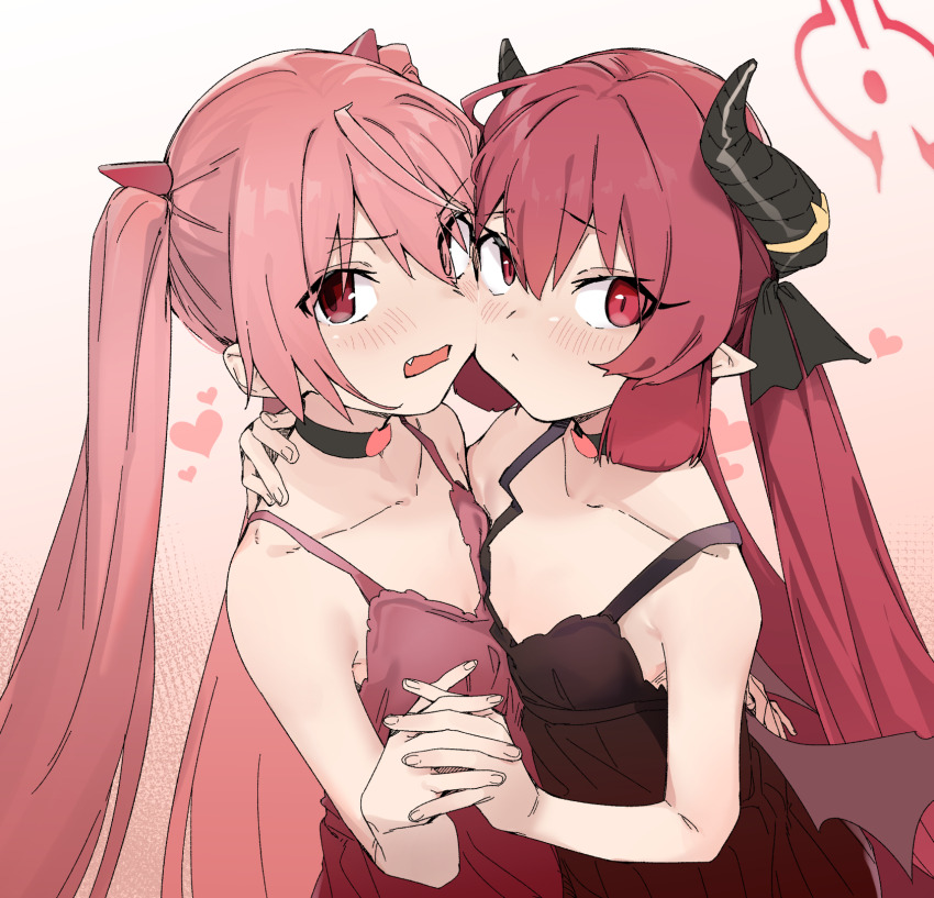 2girls :&lt; bare_arms bare_shoulders black_dress blue_archive blush brown_background brown_wings closed_mouth collarbone commentary_request crossover curled_horns dress eyes_visible_through_hair fang gradient_background hair_between_eyes heart hidan_no_aria highres holding_hands fake_horns horns interlocked_fingers junko_(blue_archive) kanzaki_h._aria long_hair looking_at_viewer low_wings multiple_girls open_mouth pink_hair pointy_ears red_dress red_eyes red_hair revision sleeveless sleeveless_dress twintails uno_ryoku very_long_hair white_background wings